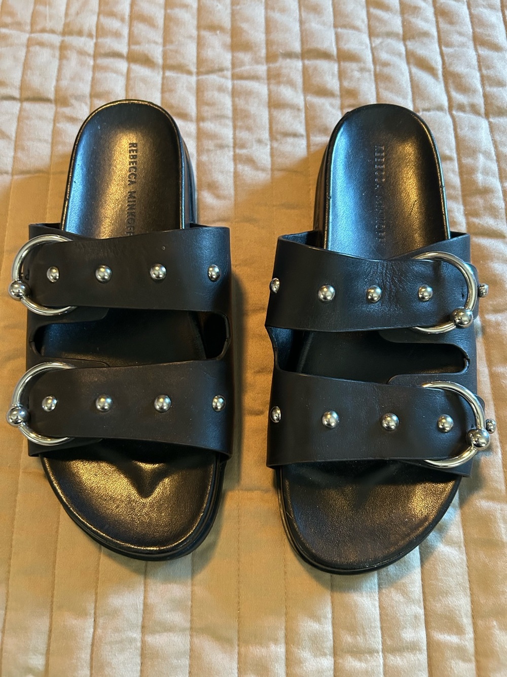 Rebecca Minkoff Black Leather Double-Strap Stud Slide Sandals